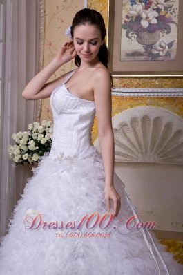 Satin And Tulle One Shoulder Brush Train Bridal Dress