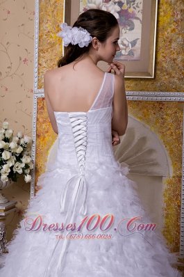 Satin And Tulle One Shoulder Brush Train Bridal Dress