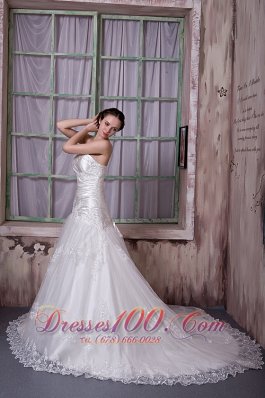 Chapel Train Princess Bridal Dress Strapless Appliques