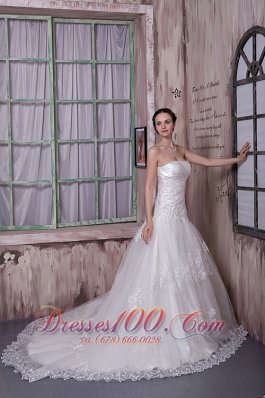 Chapel Train Princess Bridal Dress Strapless Appliques