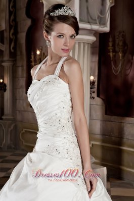 Halter Taffeta Appliques With Beading Court Train Bridal Dress