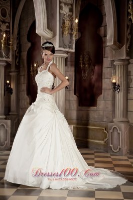 Halter Taffeta Appliques With Beading Court Train Bridal Dress