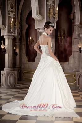 Halter Taffeta Appliques With Beading Court Train Bridal Dress