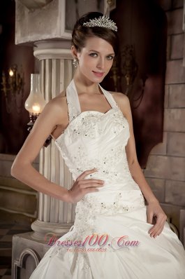 Halter Taffeta Appliques With Beading Court Train Bridal Dress