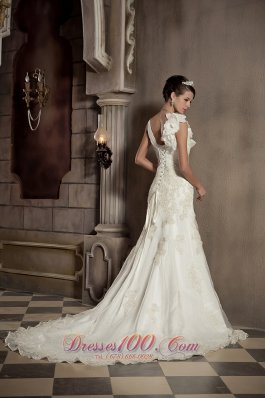 V-neck Princess Chapel Train Taffeta Appliques Wedding Gown