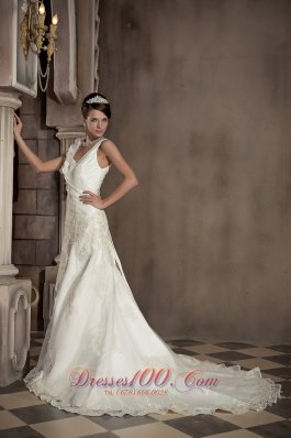 V-neck Princess Chapel Train Taffeta Appliques Wedding Gown