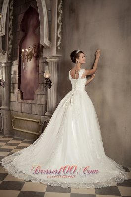 Straps Ball Gown Wedding Bridal Gown Lace Chapel Train