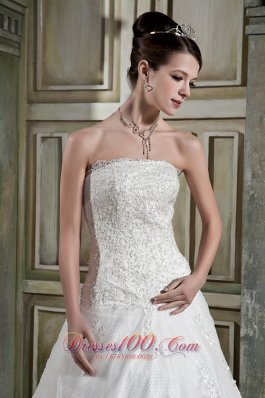 Customize Strapless Chapel Train Lace Bridal Gown A-line