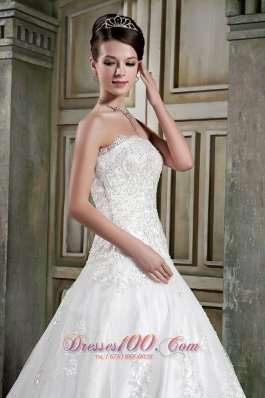 Customize Strapless Chapel Train Lace Bridal Gown A-line