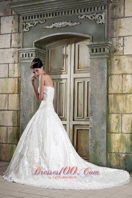 Customize Strapless Chapel Train Lace Bridal Gown A-line