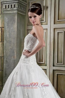 Customize Strapless Chapel Train Lace Bridal Gown A-line