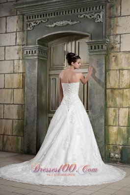 Customize Strapless Chapel Train Lace Bridal Gown A-line