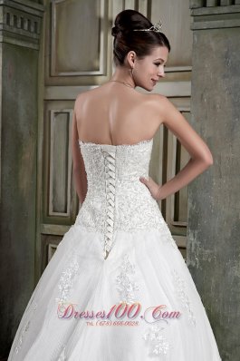 Customize Strapless Chapel Train Lace Bridal Gown A-line