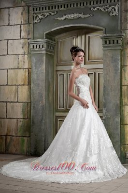 Customize Strapless Chapel Train Lace Bridal Gown A-line