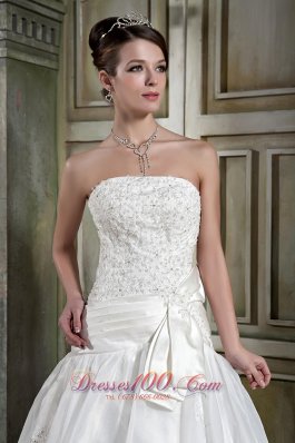 Strapless Organza Princess Appliques Chapel Train Wedding Gown