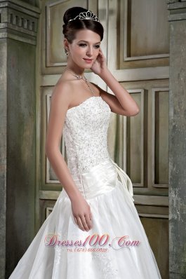 Strapless Organza Princess Appliques Chapel Train Wedding Gown