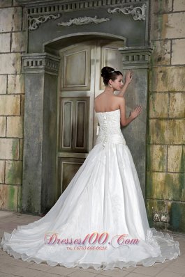 Strapless Organza Princess Appliques Chapel Train Wedding Gown