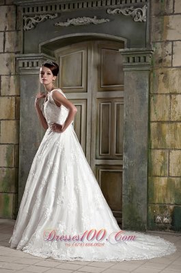 V-neck Princess Chapel Train Bridal Dress Lace Beading