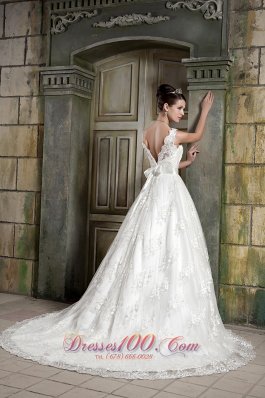 V-neck Princess Chapel Train Bridal Dress Lace Beading