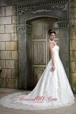 Halter Top Neck A-line Bridal Wedding Dress With Chapel Train