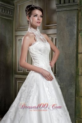 Halter Top Neck A-line Bridal Wedding Dress With Chapel Train