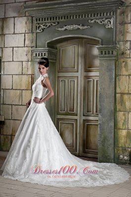 Halter Top Neck A-line Bridal Wedding Dress With Chapel Train