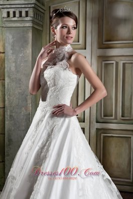 Halter Top Neck A-line Bridal Wedding Dress With Chapel Train