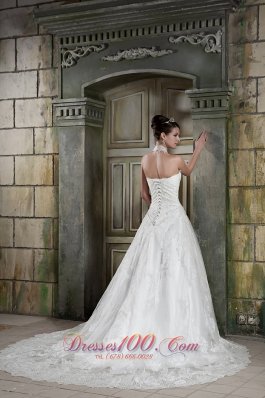 Halter Top Neck A-line Bridal Wedding Dress With Chapel Train