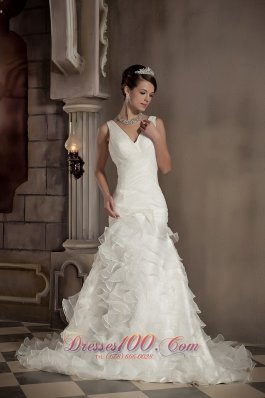 V-neck Mermaid Wedding Gown Ruffles Organza Chapel Train