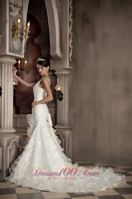 V-neck Mermaid Wedding Gown Ruffles Organza Chapel Train