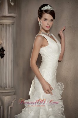 V-neck Mermaid Wedding Gown Ruffles Organza Chapel Train