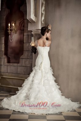 V-neck Mermaid Wedding Gown Ruffles Organza Chapel Train