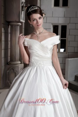 Off The Shoulder Satin Princess Wedding Gown Court Train