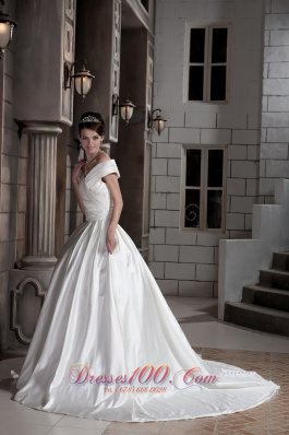 Off The Shoulder Satin Princess Wedding Gown Court Train