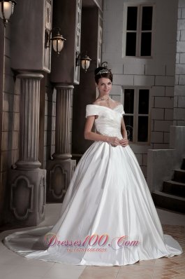 Off The Shoulder Satin Princess Wedding Gown Court Train