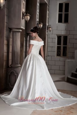 Off The Shoulder Satin Princess Wedding Gown Court Train