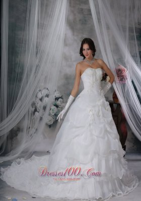 Organza Strapless Chapel Train Wedding Dress Handle Flowers