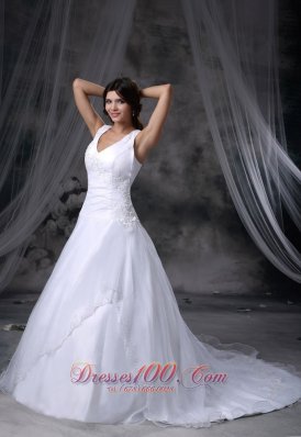 V-neck Chapel Train Ball Gown Bridal Dress Organza And Satin