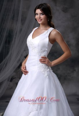 V-neck Chapel Train Ball Gown Bridal Dress Organza And Satin