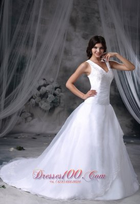 V-neck Chapel Train Ball Gown Bridal Dress Organza And Satin