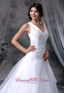 V-neck Chapel Train Ball Gown Bridal Dress Organza And Satin