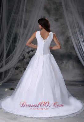 V-neck Chapel Train Ball Gown Bridal Dress Organza And Satin