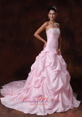 Pink Strapless Taffeta Pick-ups Chapel Train Wedding Gown A-line