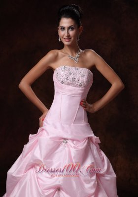 Pink Strapless Taffeta Pick-ups Chapel Train Wedding Gown A-line