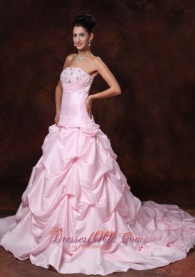 Pink Strapless Taffeta Pick-ups Chapel Train Wedding Gown A-line