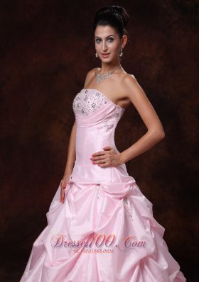 Pink Strapless Taffeta Pick-ups Chapel Train Wedding Gown A-line