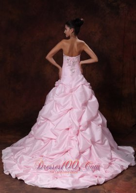 Pink Strapless Taffeta Pick-ups Chapel Train Wedding Gown A-line