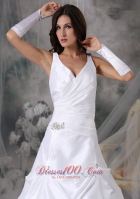 V-neck Taffeta Pick-ups Bridal Dress Court Train Beading