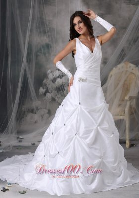 V-neck Taffeta Pick-ups Bridal Dress Court Train Beading