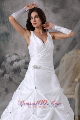 V-neck Taffeta Pick-ups Bridal Dress Court Train Beading